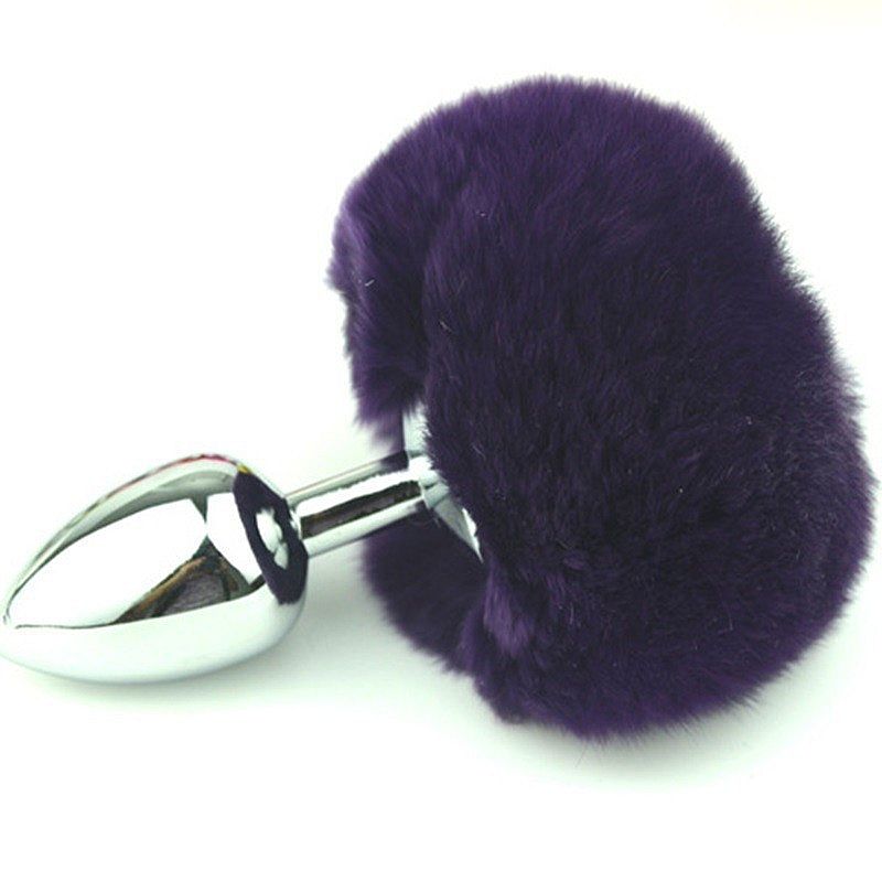 Plug Anal em Aço Pompom de Coelho - Cor Roxo - Tamanho P -7,5x2,8 cm