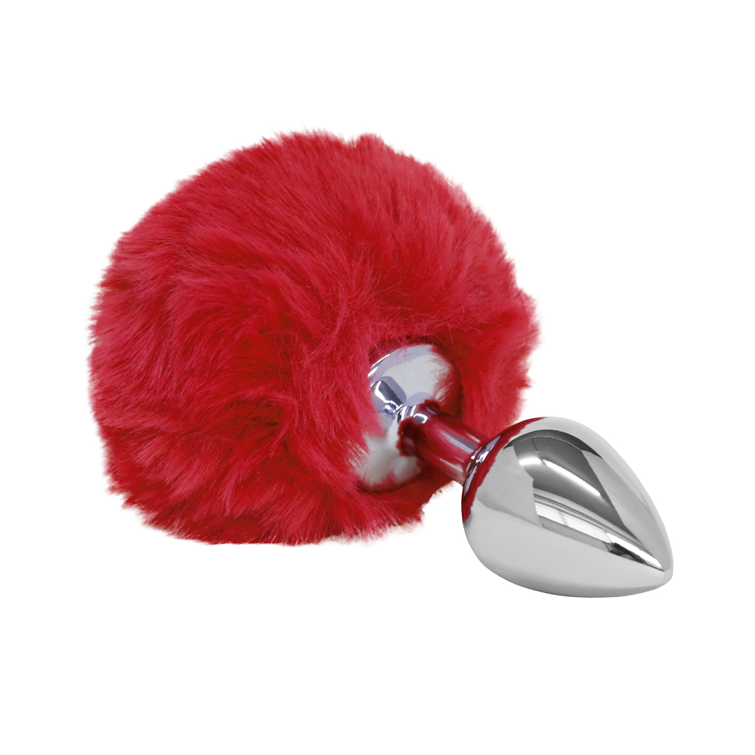 7061-VM - Plug Anal em Aço Pompom de Coelho - Tamanho M - 8 x 3,4 cm - Vermelho