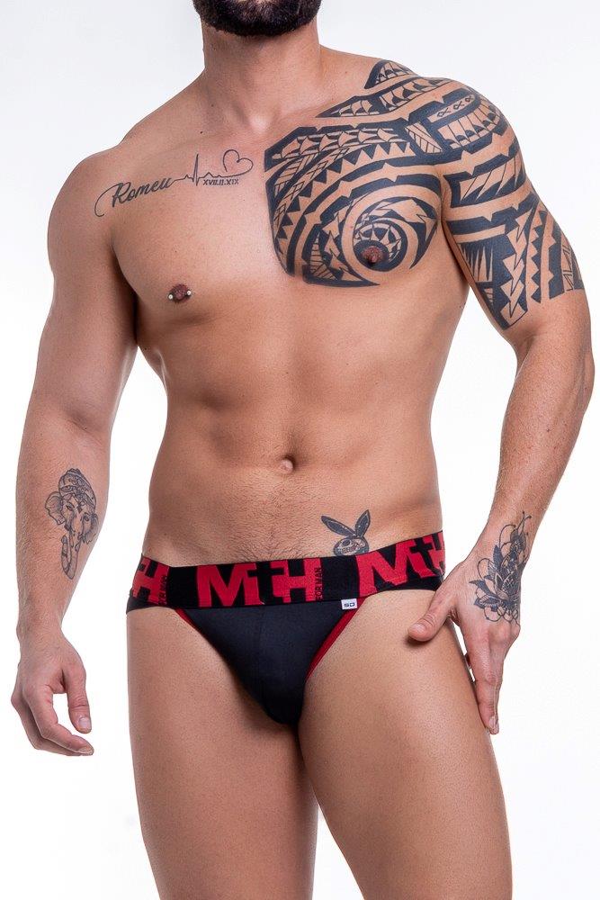 SD117C - Cueca Sunga Grega Elástico Estampado Suplex Preto c/ Vermelho